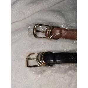 NWT LEACOOLKEY Belt Womens Size 100 Black Brown Thin Faux Leather Gold Buckle Ve